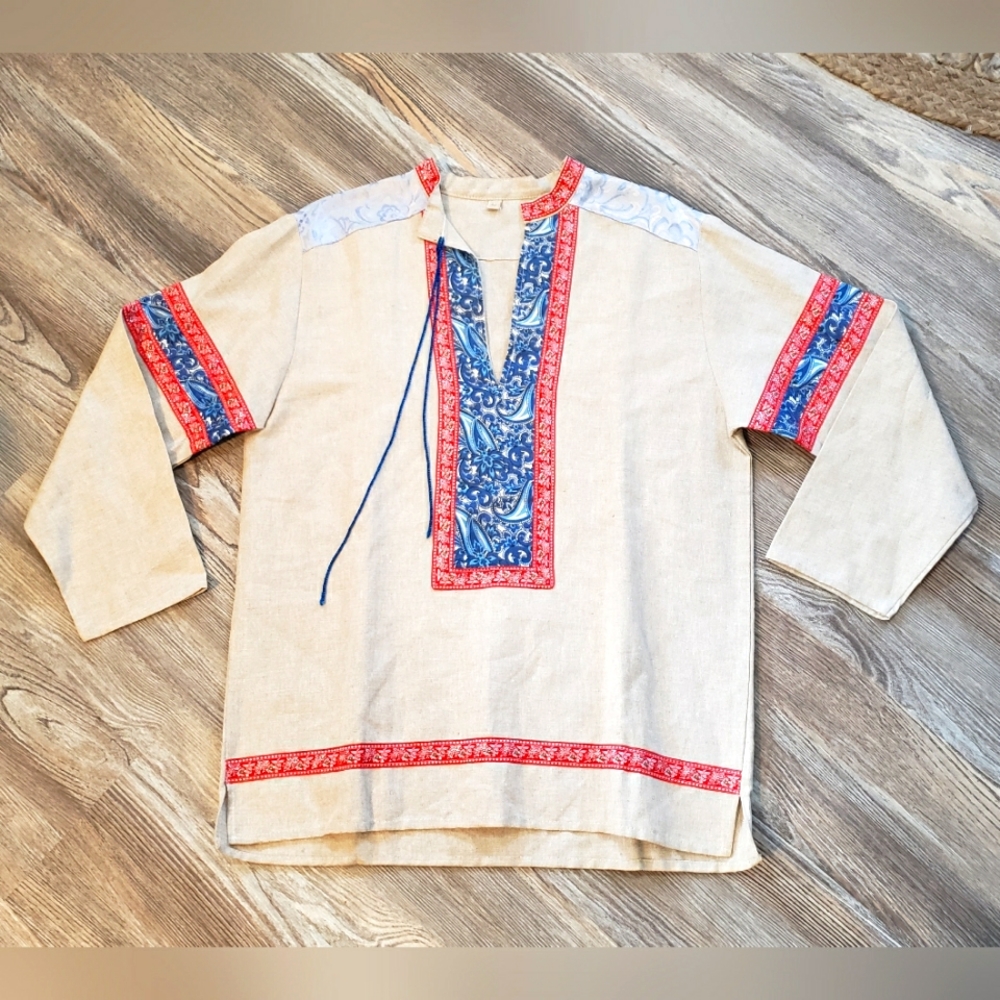 Artisan Linen Boho Pullover Tunic Womens 14 Mixed Media Festival Hippie Ivory
